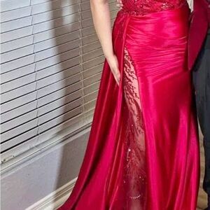Red Satin Prom Dress with Lace Sheer Side Panel